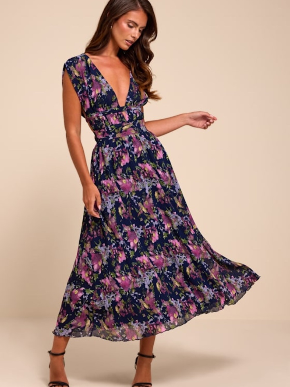 Lulus Taylen Navy Multi Floral Plisse Midi Dress Blue - Size S